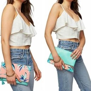 Rachel Pally Turquoise & Pink Tropical Reversible Clutch Super Cute Like new